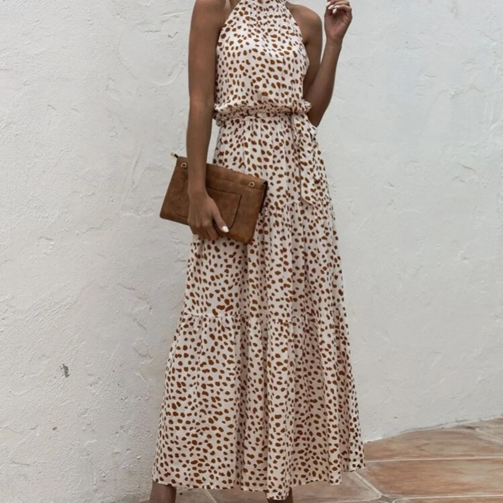 Boho cream brown  halter dot belted maxi dress